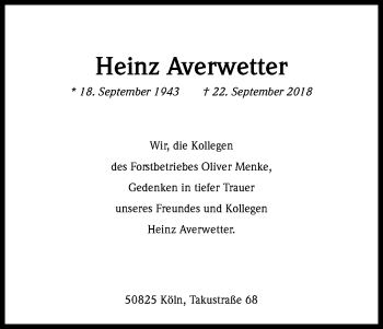 Anzeige von Heinz Averwetter von Kölner Stadt-Anzeiger / Kölnische Rundschau / Express