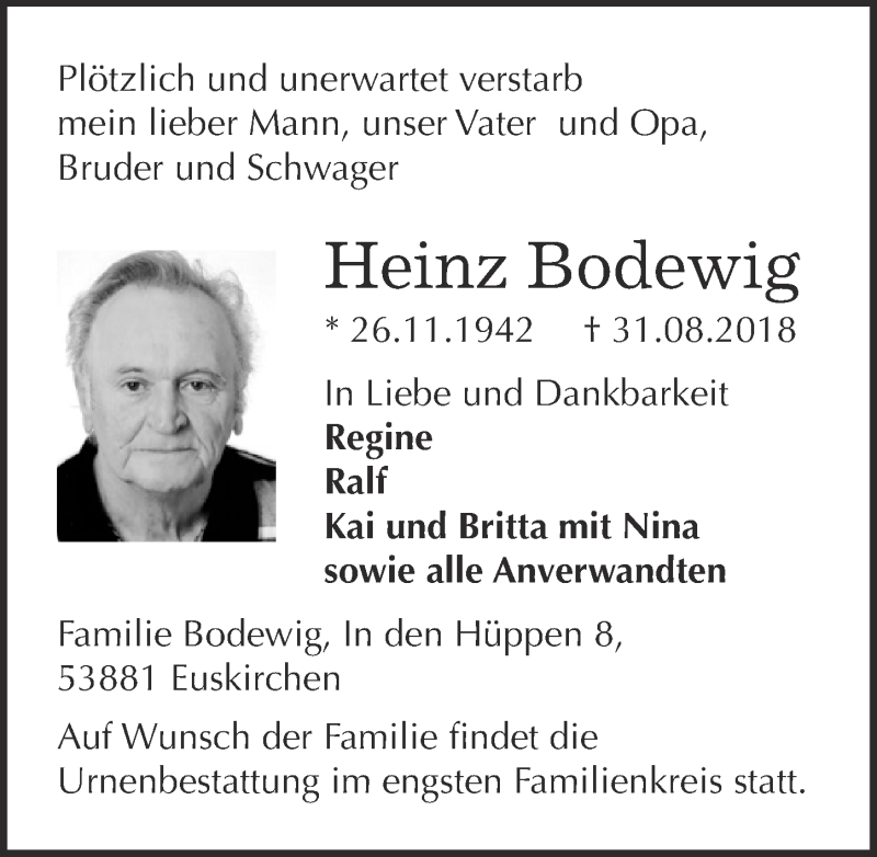  Traueranzeige für Heinz Bodewig vom 08.09.2018 aus  Blickpunkt Euskirchen 