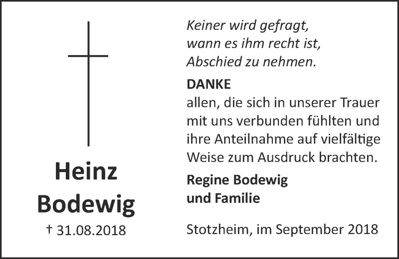  Traueranzeige für Heinz Bodewig vom 29.09.2018 aus  Blickpunkt Euskirchen 