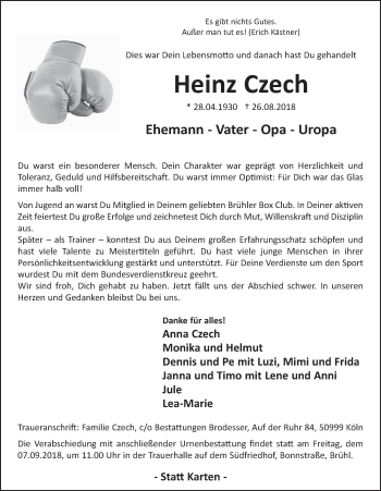Anzeige von Heinz Czech von  Schlossbote/Werbekurier 