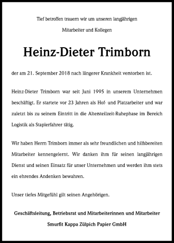 Anzeige von Heinz-Dieter Trimborn von Kölner Stadt-Anzeiger / Kölnische Rundschau / Express