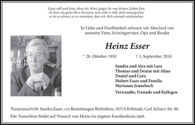  Traueranzeige für Heinz Esser vom 15.09.2018 aus  Sonntags-Post 