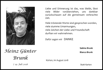 Anzeige von Heinz-Günter Brunk von  Bergisches Handelsblatt 
