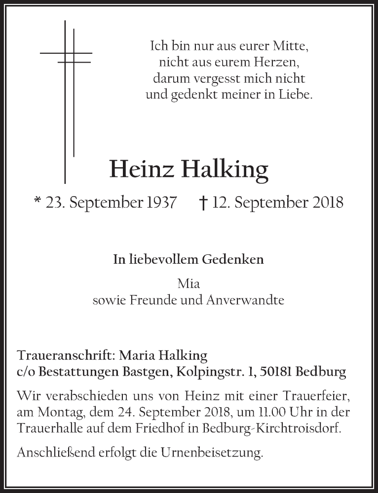  Traueranzeige für Heinz Halking vom 19.09.2018 aus  Werbepost 