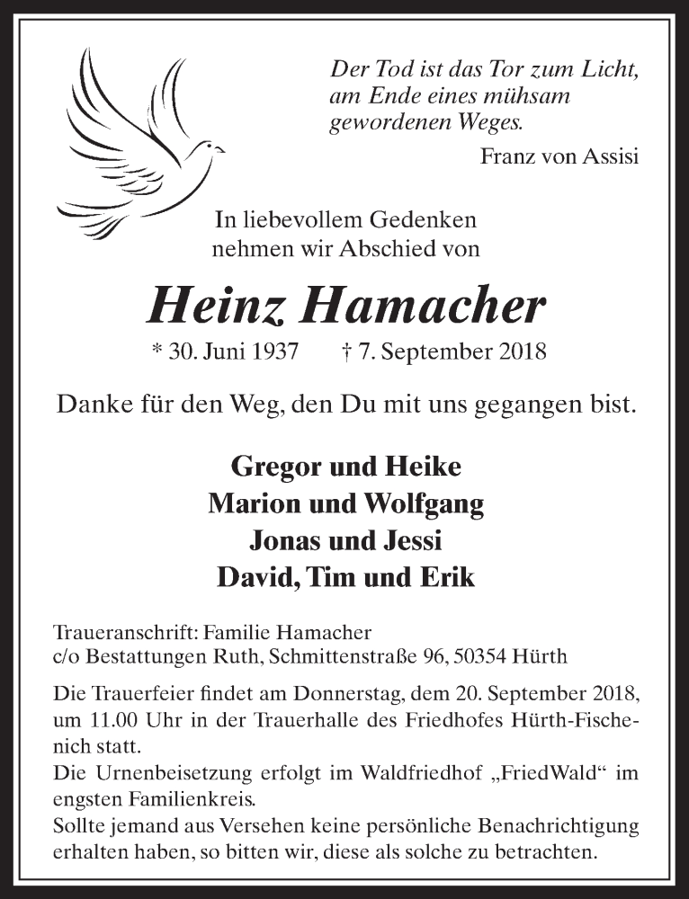  Traueranzeige für Heinz Hamacher vom 12.09.2018 aus  Wochenende 