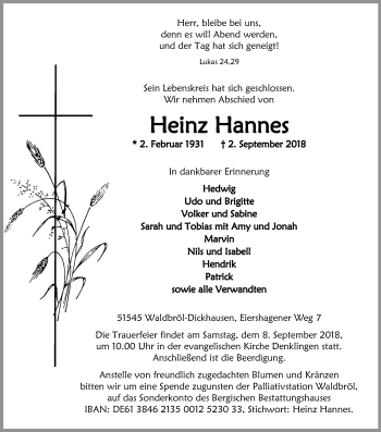 Anzeige von Heinz Hannes von Kölner Stadt-Anzeiger / Kölnische Rundschau / Express