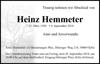 Anzeige von Heinz Hemmeter von Kölner Stadt-Anzeiger / Kölnische Rundschau / Express
