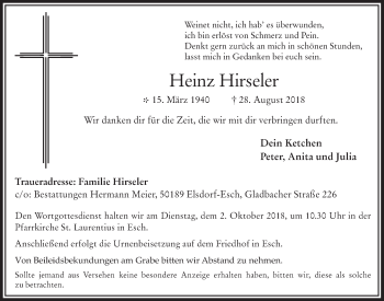 Anzeige von Heinz Hirseler von  Werbepost 