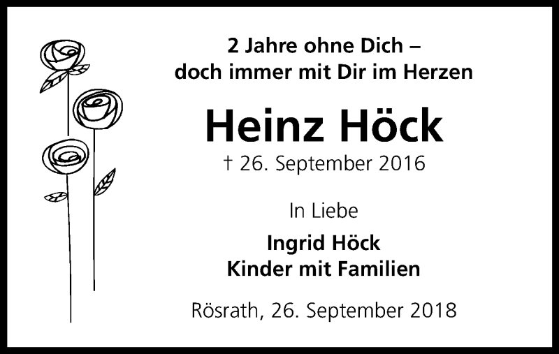  Traueranzeige für Heinz Höck vom 26.09.2018 aus Kölner Stadt-Anzeiger / Kölnische Rundschau / Express