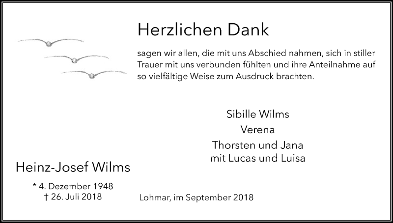  Traueranzeige für Heinz-Josef Wilms vom 08.09.2018 aus Kölner Stadt-Anzeiger / Kölnische Rundschau / Express