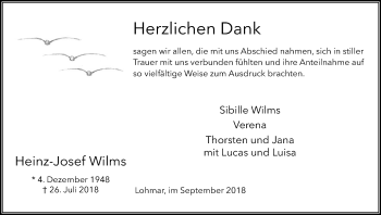 Anzeige von Heinz-Josef Wilms von Kölner Stadt-Anzeiger / Kölnische Rundschau / Express