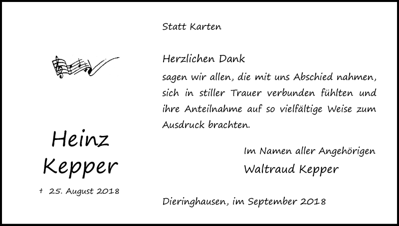  Traueranzeige für Heinz Kepper vom 22.09.2018 aus Kölner Stadt-Anzeiger / Kölnische Rundschau / Express