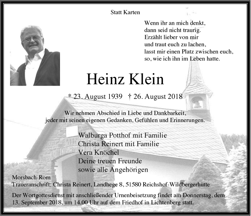  Traueranzeige für Heinz Klein vom 05.09.2018 aus  Lokalanzeiger 
