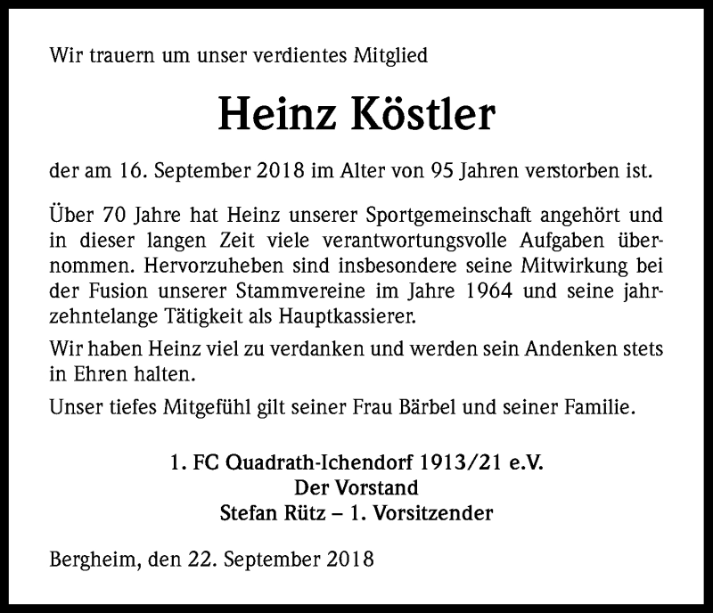  Traueranzeige für Heinz Köstler vom 26.09.2018 aus Kölner Stadt-Anzeiger / Kölnische Rundschau / Express