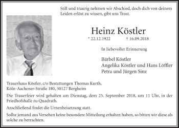 Anzeige von Heinz Köstler von  Sonntags-Post 