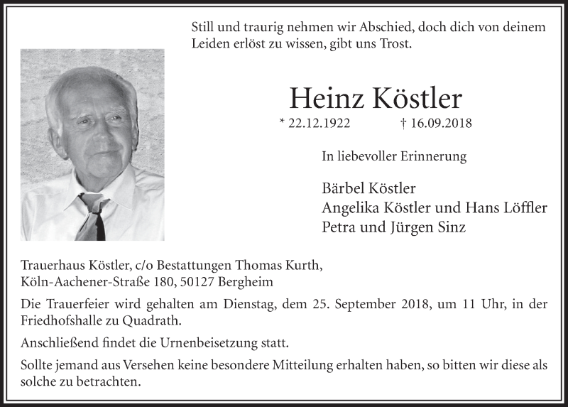  Traueranzeige für Heinz Köstler vom 22.09.2018 aus  Sonntags-Post 