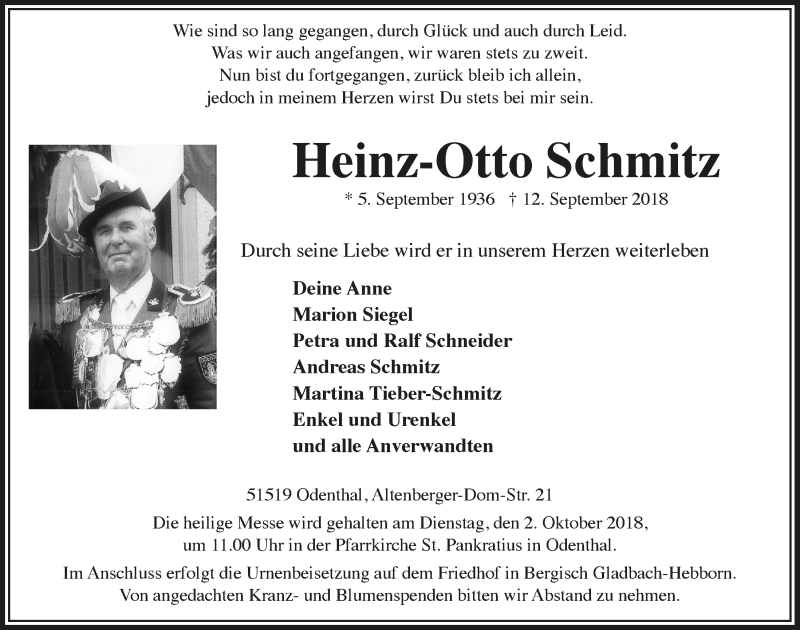  Traueranzeige für Heinz-Otto Schmitz vom 29.09.2018 aus  Bergisches Sonntagsblatt 