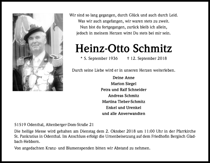  Traueranzeige für Heinz-Otto Schmitz vom 26.09.2018 aus Kölner Stadt-Anzeiger / Kölnische Rundschau / Express