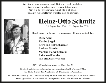 Anzeige von Heinz-Otto Schmitz von  Bergisches Sonntagsblatt 