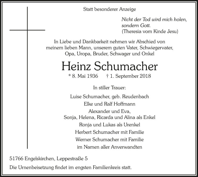  Traueranzeige für Heinz Schumacher vom 12.09.2018 aus  Anzeigen Echo 