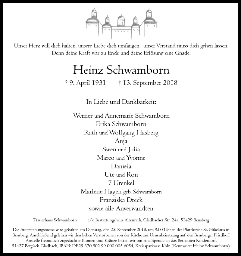  Traueranzeige für Heinz Schwamborn vom 19.09.2018 aus Kölner Stadt-Anzeiger / Kölnische Rundschau / Express
