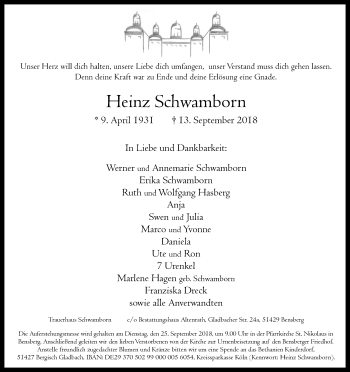 Anzeige von Heinz Schwamborn von Kölner Stadt-Anzeiger / Kölnische Rundschau / Express