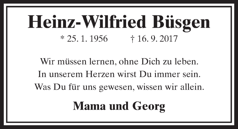  Traueranzeige für Heinz-Wilfried Büsgen vom 15.09.2018 aus  Sonntags-Post 