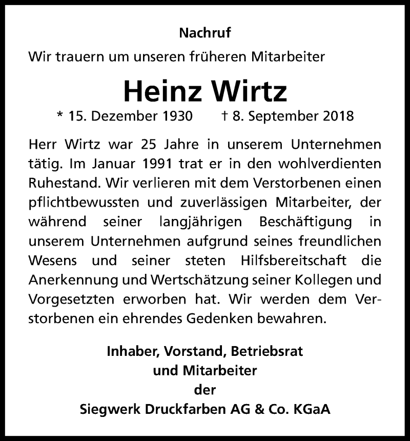  Traueranzeige für Heinz Wirtz vom 20.09.2018 aus Kölner Stadt-Anzeiger / Kölnische Rundschau / Express