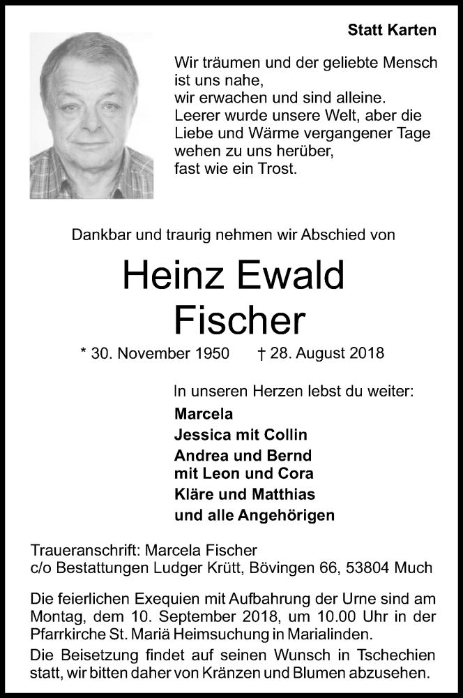  Traueranzeige für Heinz Ewald Fischer vom 05.09.2018 aus Kölner Stadt-Anzeiger / Kölnische Rundschau / Express