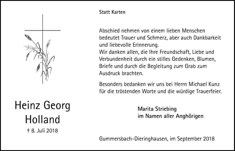  Traueranzeige für Heinz Georg Holland vom 12.09.2018 aus  Anzeigen Echo 
