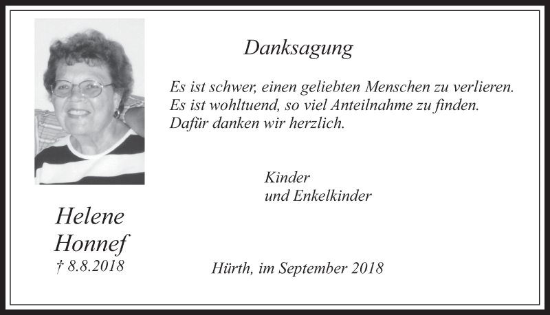  Traueranzeige für Helene Honnef vom 19.09.2018 aus  Wochenende 