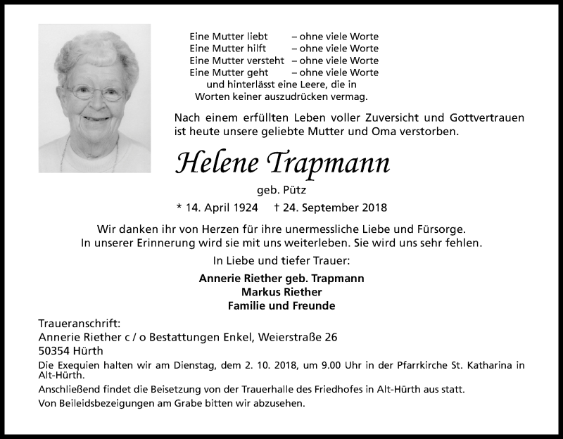  Traueranzeige für Helene Trapmann vom 29.09.2018 aus Kölner Stadt-Anzeiger / Kölnische Rundschau / Express