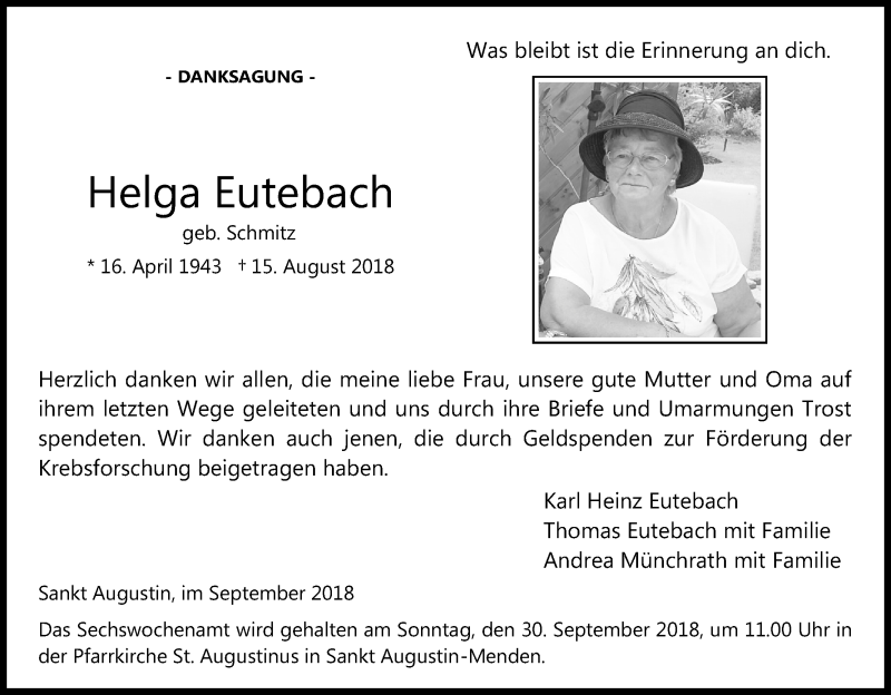  Traueranzeige für Helga Eutebach vom 22.09.2018 aus Kölner Stadt-Anzeiger / Kölnische Rundschau / Express