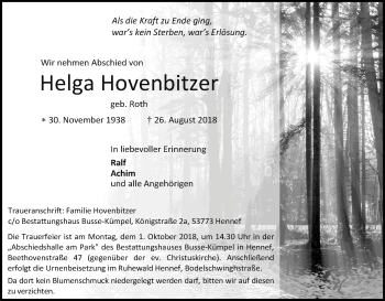 Anzeige von Helga Hovenbitzer von Kölner Stadt-Anzeiger / Kölnische Rundschau / Express