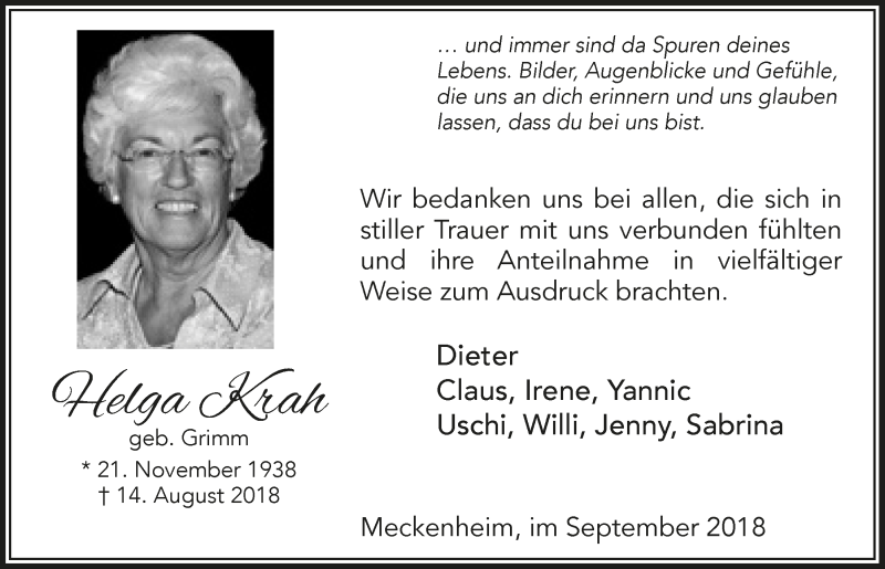  Traueranzeige für Helga Krah vom 19.09.2018 aus  Schaufenster/Blickpunkt 