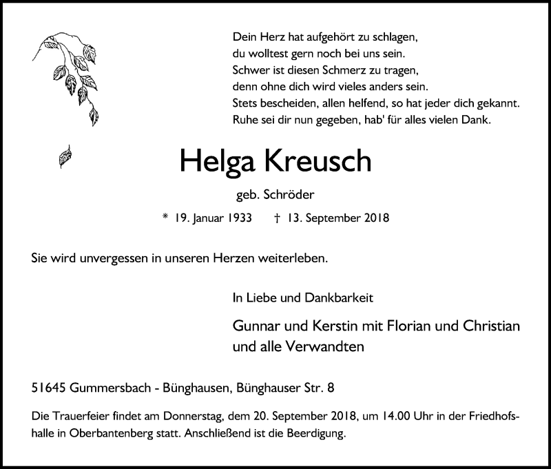  Traueranzeige für Helga Kreusch vom 19.09.2018 aus Kölner Stadt-Anzeiger / Kölnische Rundschau / Express