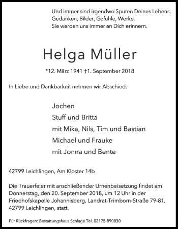 Anzeige von Helga Müller von Kölner Stadt-Anzeiger / Kölnische Rundschau / Express