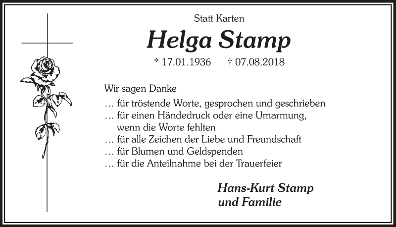  Traueranzeige für Helga Stamp vom 19.09.2018 aus  Lokalanzeiger 