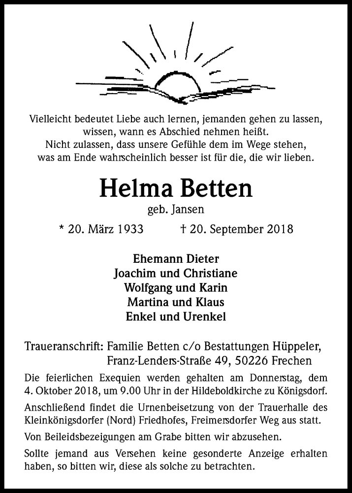  Traueranzeige für Helma Betten vom 29.09.2018 aus Kölner Stadt-Anzeiger / Kölnische Rundschau / Express