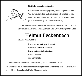 Anzeige von Helmut Beckenbach von Kölner Stadt-Anzeiger / Kölnische Rundschau / Express