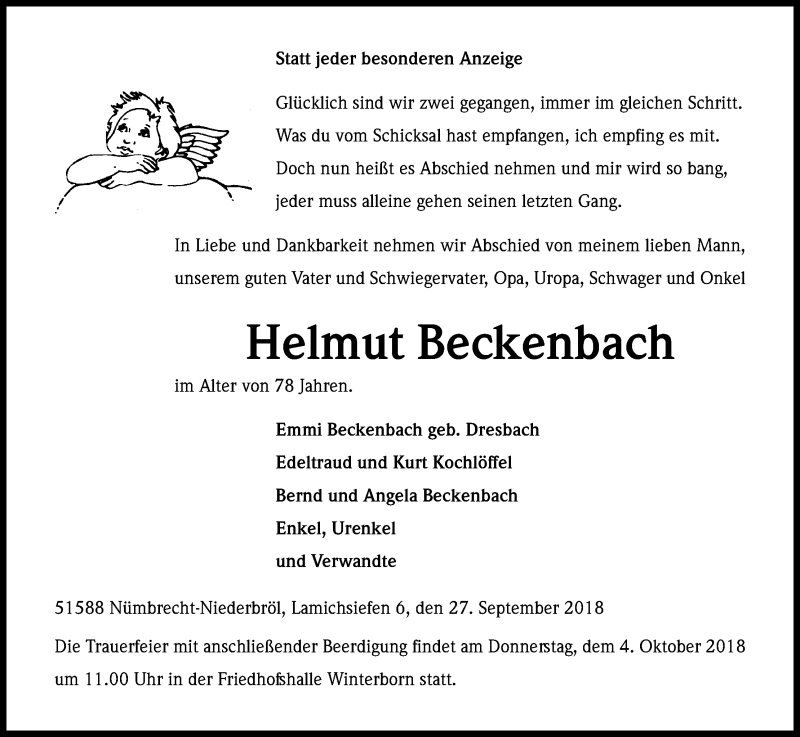  Traueranzeige für Helmut Beckenbach vom 29.09.2018 aus Kölner Stadt-Anzeiger / Kölnische Rundschau / Express