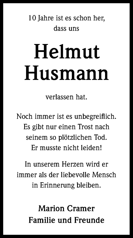  Traueranzeige für Helmut Husmann vom 13.09.2018 aus Kölner Stadt-Anzeiger / Kölnische Rundschau / Express