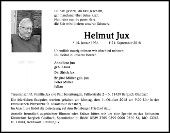 Anzeige von Helmut Jux von Kölner Stadt-Anzeiger / Kölnische Rundschau / Express