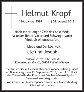 Anzeige von Helmut Kropf von  Sonntags-Post 