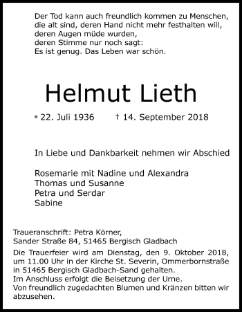 Anzeige von Helmut Lieth von Kölner Stadt-Anzeiger / Kölnische Rundschau / Express