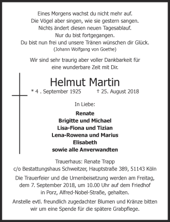 Anzeige von Helmut Martin von  Kölner Wochenspiegel 