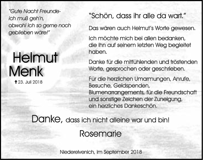  Traueranzeige für Helmut Menk vom 08.09.2018 aus  Blickpunkt Euskirchen 