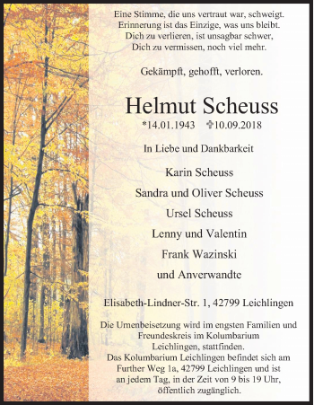 Anzeige von Helmut Scheuss von Kölner Stadt-Anzeiger / Kölnische Rundschau / Express