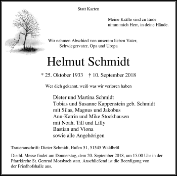 Anzeige von Helmut Schmidt von Kölner Stadt-Anzeiger / Kölnische Rundschau / Express