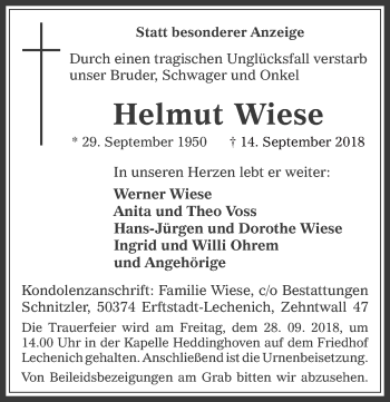 Anzeige von Helmut Wiese von  Werbepost 